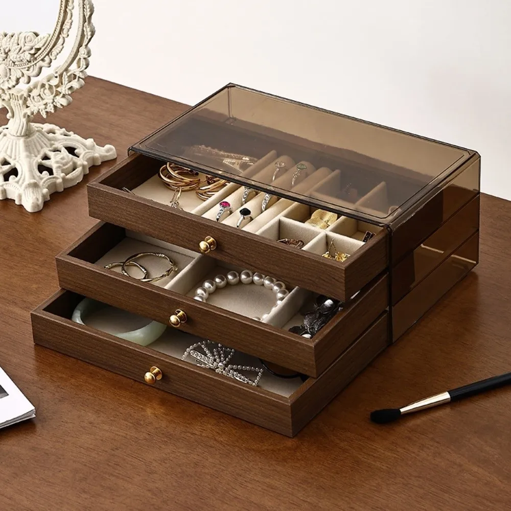 

Multi-layer Wooden Jewelry Box Large Capacity Three-layer Drawer Organizer Transparent Window Square Design