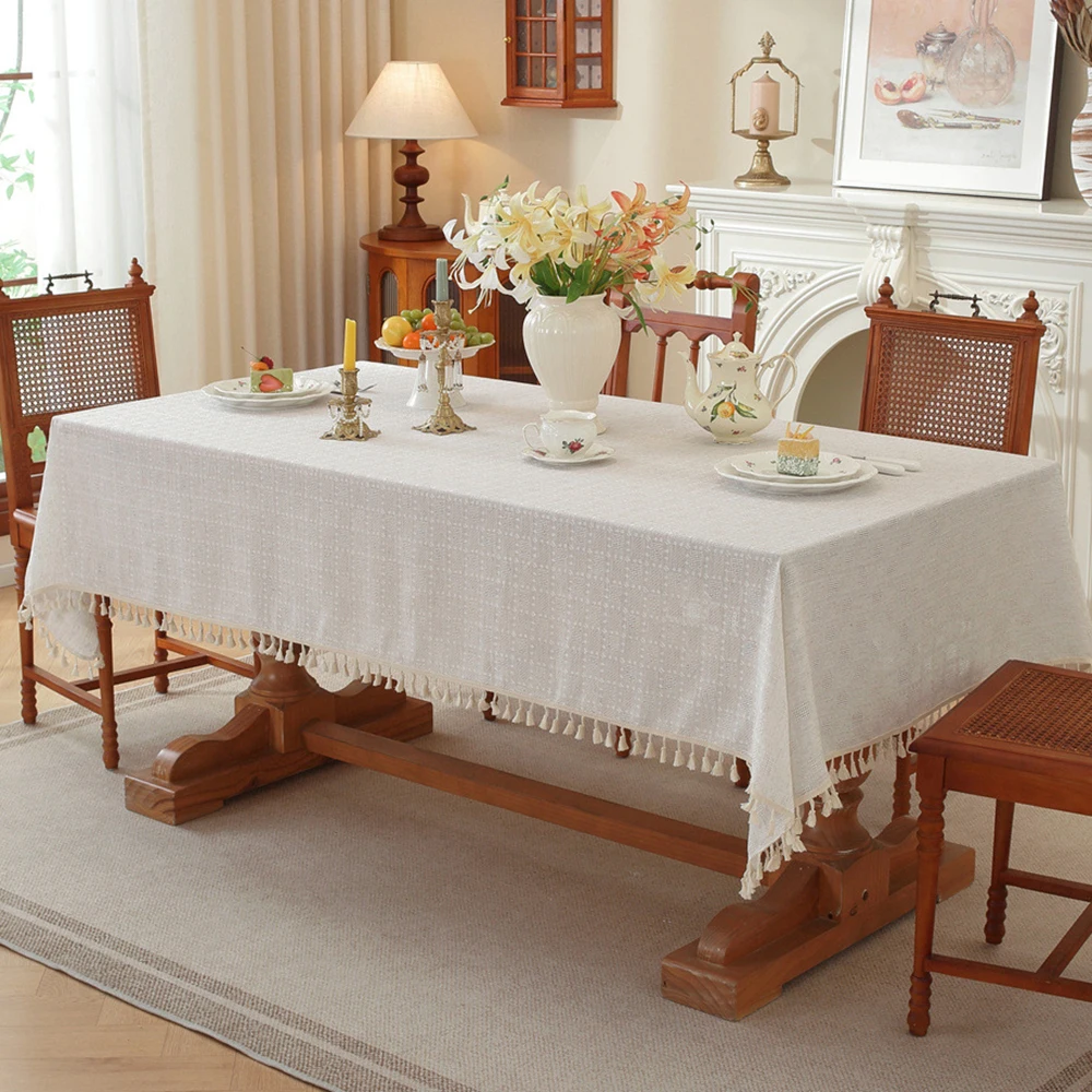Simple Pure Color Fringed Hollow Out Palid Tablecloth Fabric Polyester Coffee Tablecloths Decoration White Table cover
