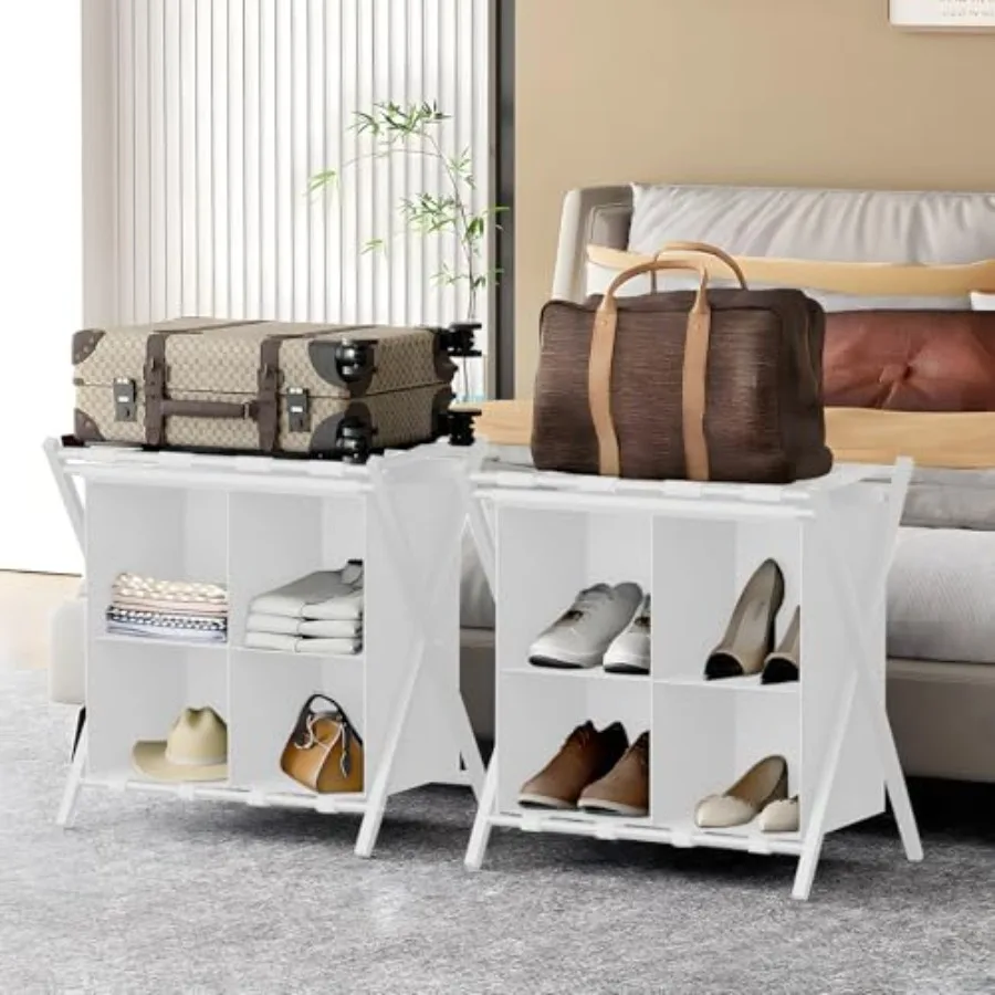 

Набор из 2 складных подставок для чемоданов для гостевой комнаты с тканевой полкой для хранения, стальной складной держатель для багажа