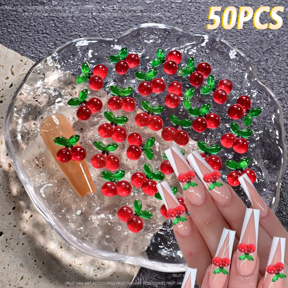 50Pcs 3D Red Cherry Nail Charms Summer Fruits Series Resin Nail Art Decorations DIY Phone Case Crafts Hairpin Manicure Accessory