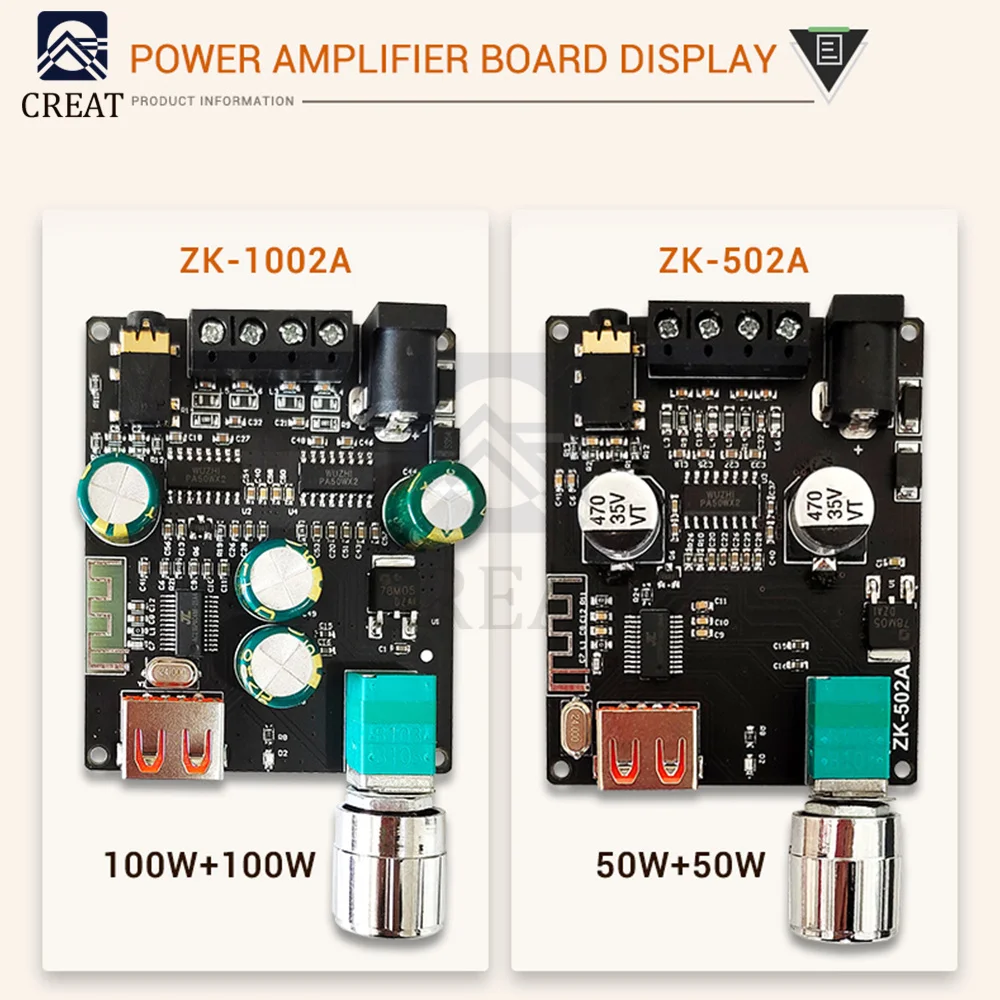 ZK-1002A 100W*2 ZK-502A 50W*2 Bluetooth Audio Digital Power Amplifier Board Module 2.0 Stereo Dual Channel