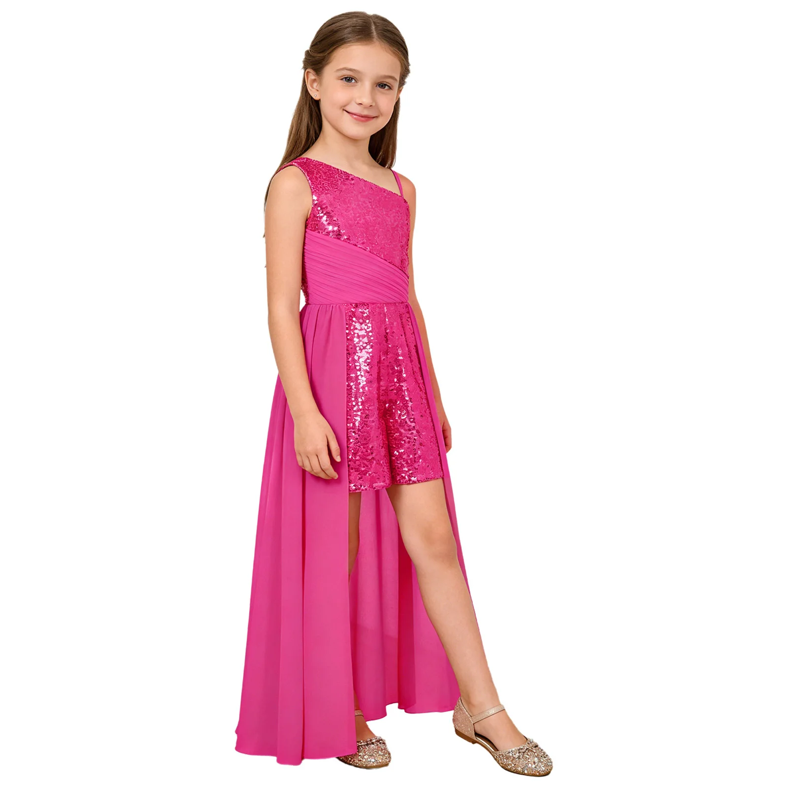 Kids Girls Sleeveless Ruffles Metallic Wide Leg Pants Bodysuit Jazz Dance Costume Latin Lyrical Ballroom Dancewear Jumpsuit