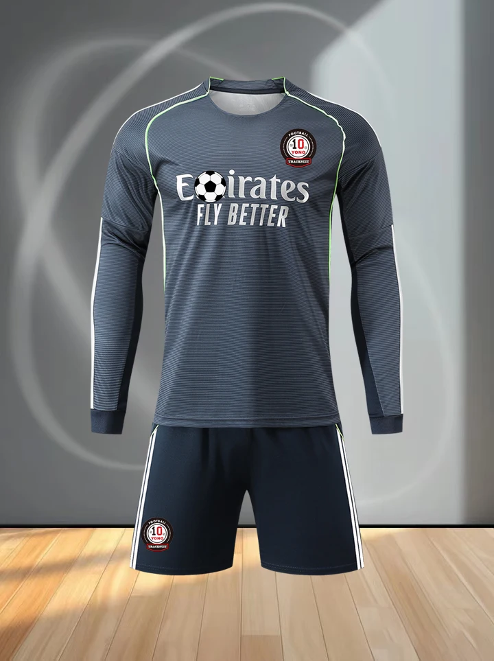 Men Long Sleeve Soccer Jersey Set Dark Grey Printed Football Uniform Suit Quick Dry Breathable Sport Shirt And Shorts Adult Team