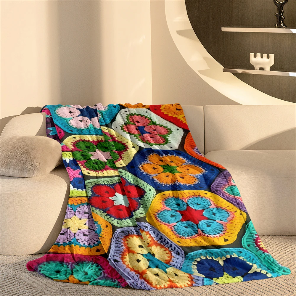Colorful Crochet Hexagons Flannel Blanket Warm Soft Halloween Christmas Decorative Couch Warm Cozy All-Season Gift