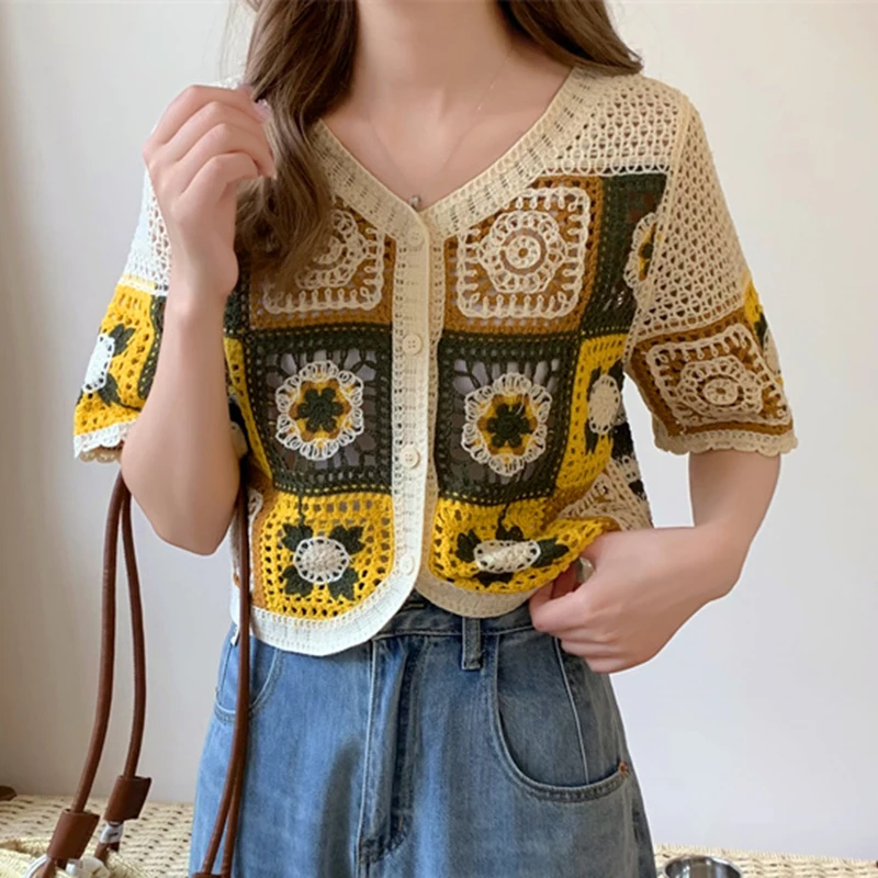 Crochet Knit Top Women Colorblock Open-Knit Button Front Short Sleeve Hollow Out Flower Embroidery Crop Top Cottagecore