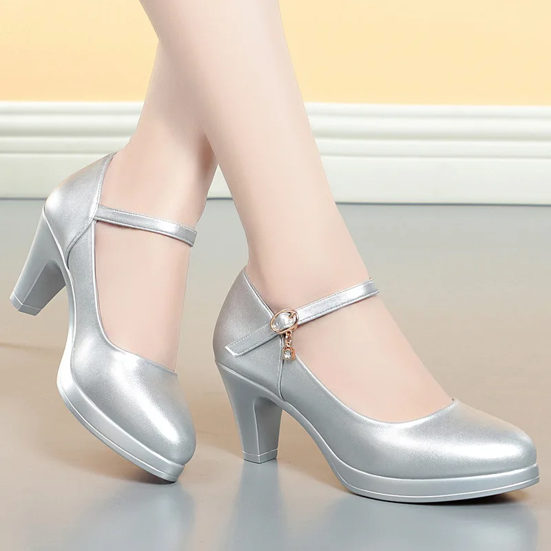 6.5cm Breathable Fashion Soft Leather Silver Red Wedding Shoes Woman Med Block Heels 2024 Platform Pumps Women for Office Mom