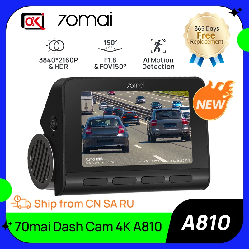 70mai Ultra HD 4K Dash Cam A810 Global Version Built-in GPS ADAS 150°FOV Motion Detection DVR Support Rear CamParking Montioring