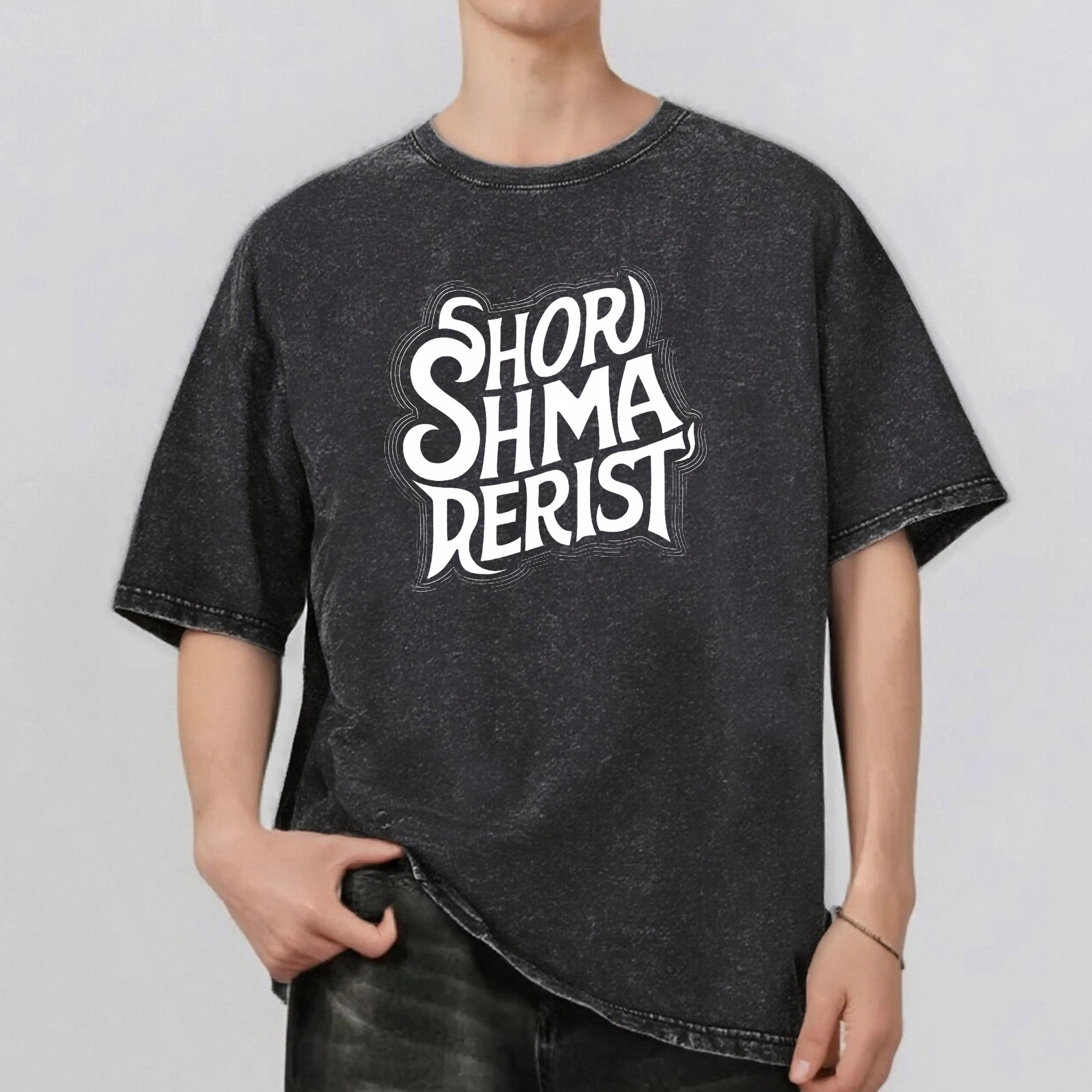 

Letter Pattern Rint Men's Summer Retro Style Washed Water T-Shirt Casual Short Sleeved Basic Men's Top 230G