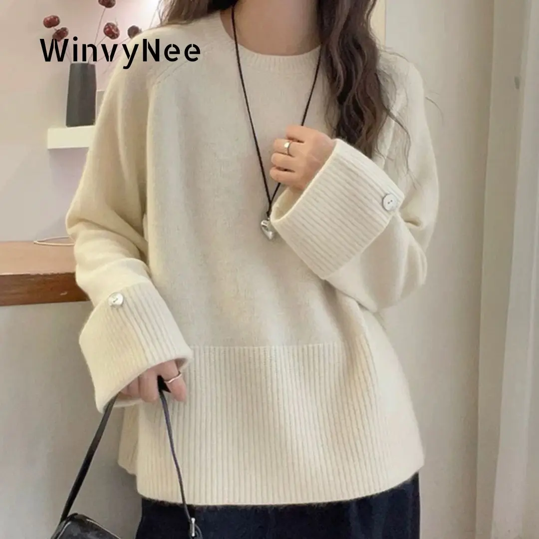 

WinvyNee Women Wool Beige Sweater O Neck Casual Loose Thick Outerwears Warm Knitted Pullover Clothing Plus Size Winter A1663004