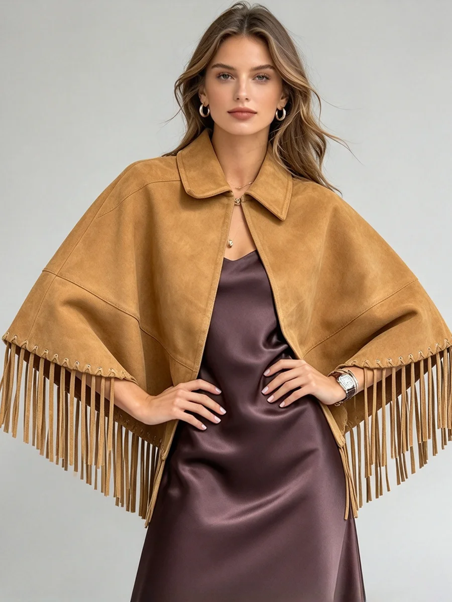 Women Faux Suede Fringe Cape Collared Zip Front Poncho Vintage Short Cloak Outerwear