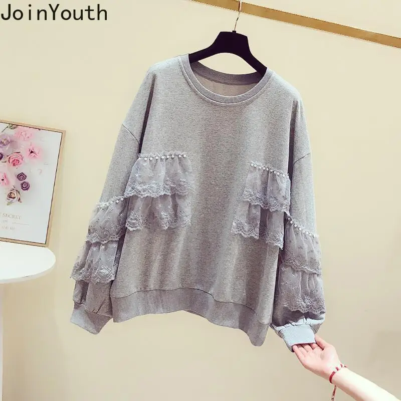 Cotton Hoodie Women Clothing 2023 O-neck Patchwork Beading Lace Oversized Tops Ropa Mujer Casual Fashion Y2k Sweatshirts 27s883