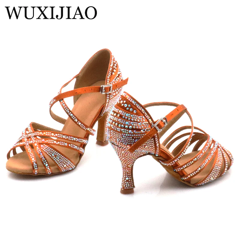 WUXIJAIO Bronze satin Latin dance shoes women's banquet shoes soft soled Sasha dance shoes women's sandals skin tone