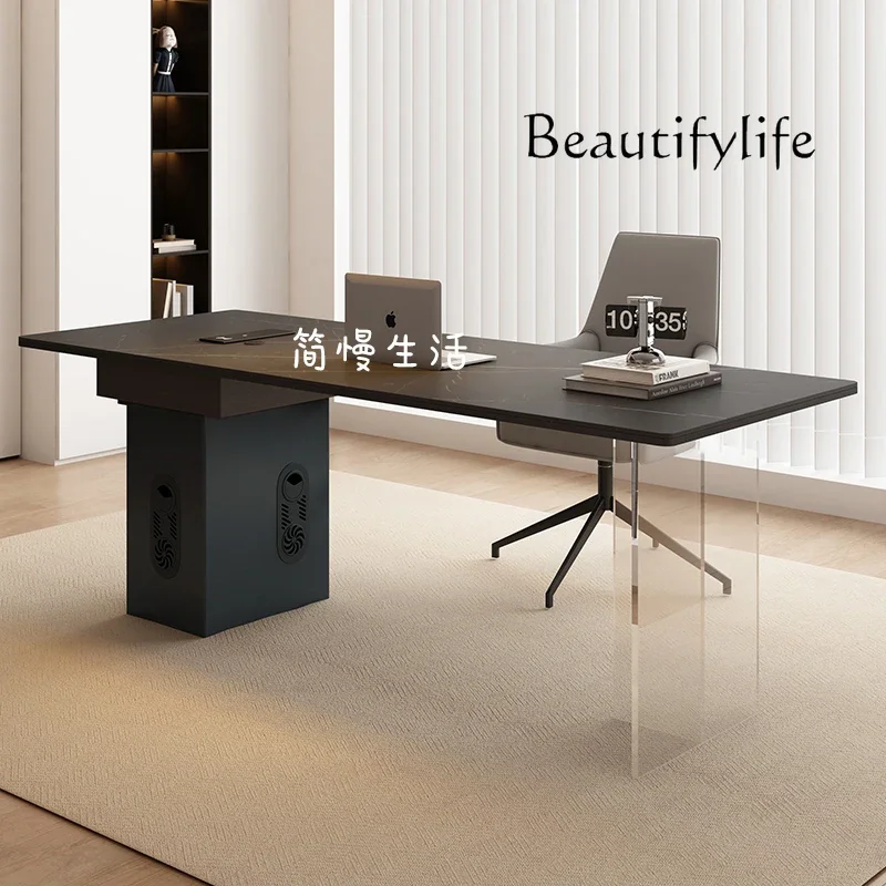 

53.14 "Modern Acrylic Executive Desk with Drawers, Black Wood Finish and Acrylic Legs - Minimalist Stylish Workstation