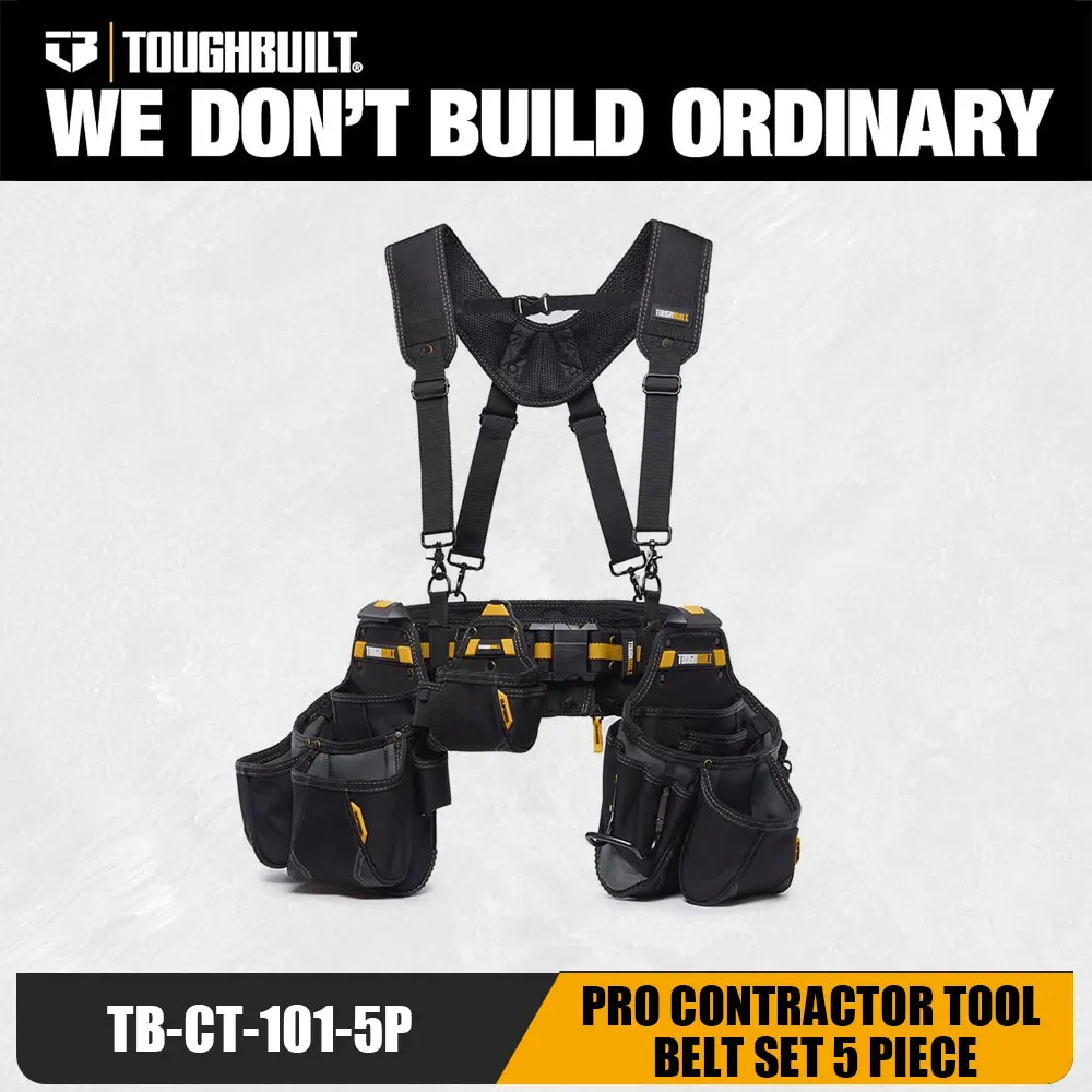 TOUGHBUILT TB-CT-101-5P 5PC Contractor Tool Belt Set Suspenders Cliptech Pouches for Electrician Carpenter Construction