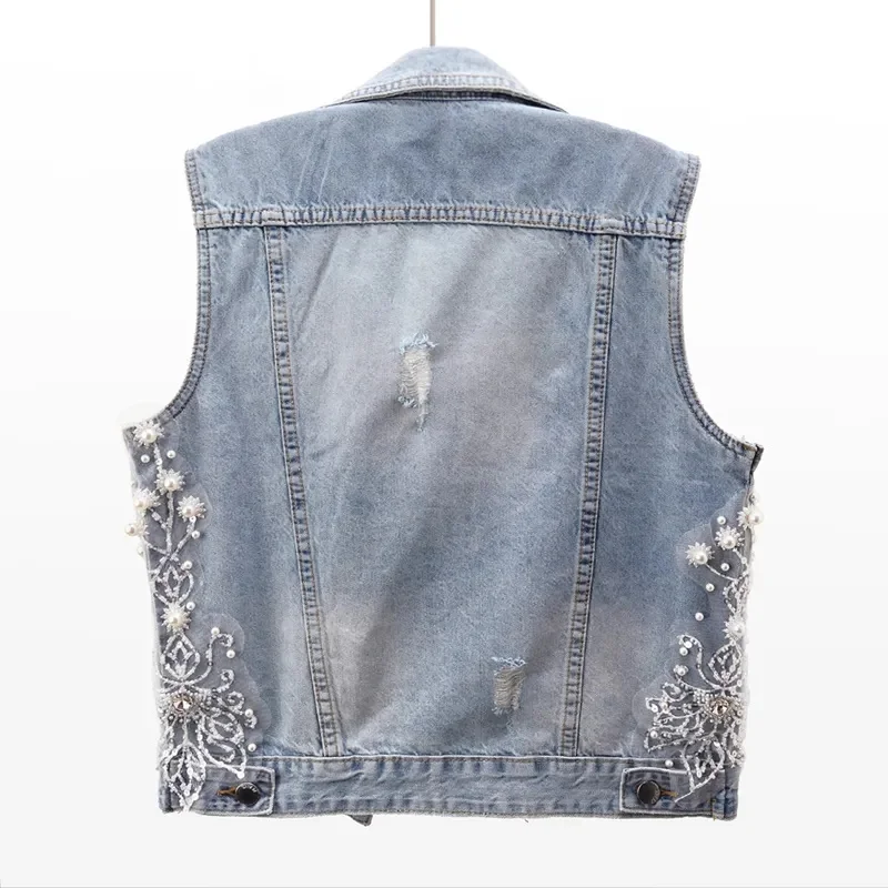 Women Denim Vest 2024 Pearls Fashion Ripped Autumn Jeans Jacket Sleeveless Loose Short Coat Causal Waistcoats Outwear Tops