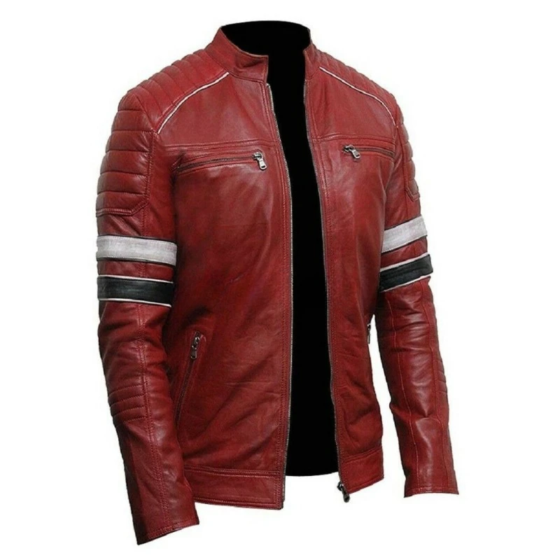 Men's Red Stitch Design Genuine Lambskin Real Leather Jacket Striped Motorcycle