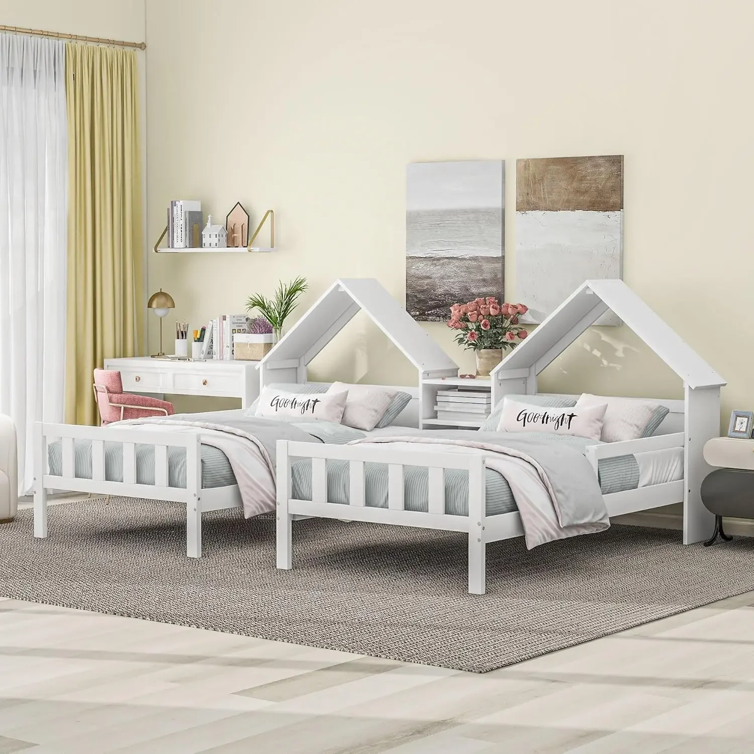 Double Twin Size Platform Bed with House-Shaped Headboard and a Built-in Nightstand