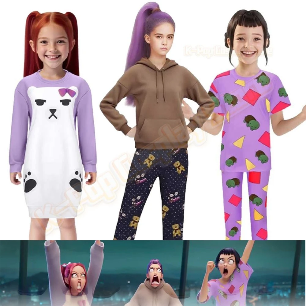 

Kpop Rumi Zoey Mira Demon Hunters Cosplay Costume Children Girls Cute Printed Pajamas Roleplay Outfit Halloween Carnival Suit