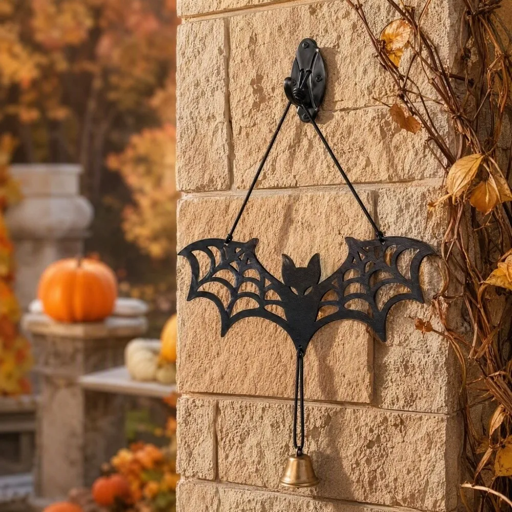 Wooden Halloween Luminous Bat Ornament Glowing Spider Web Bat Bat Door Pendant with Bell Home Decor Bat Wall Art