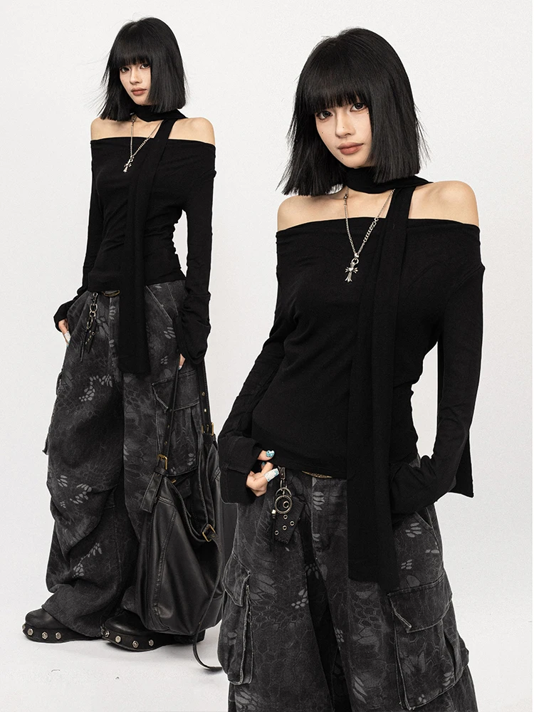 

OCTTFLAB Корейская женская футболка Slim Fit с длинным рукавом, базовый слой, однотонная, универсальная, модная