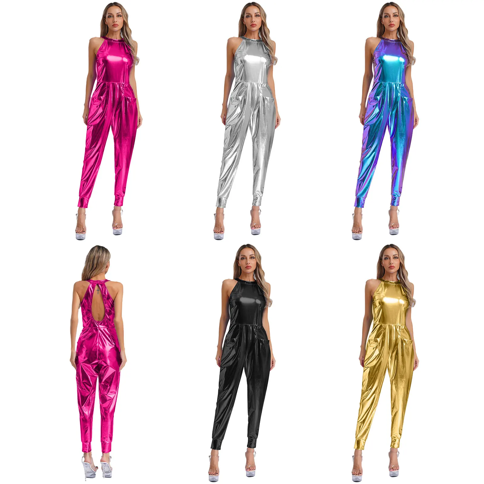 Hippie Disco Jazz Waltz Dance Performance Outfits Women Metallic Sleeveless Street Party Fashion Jumpsuit Club Rave Dance Wear