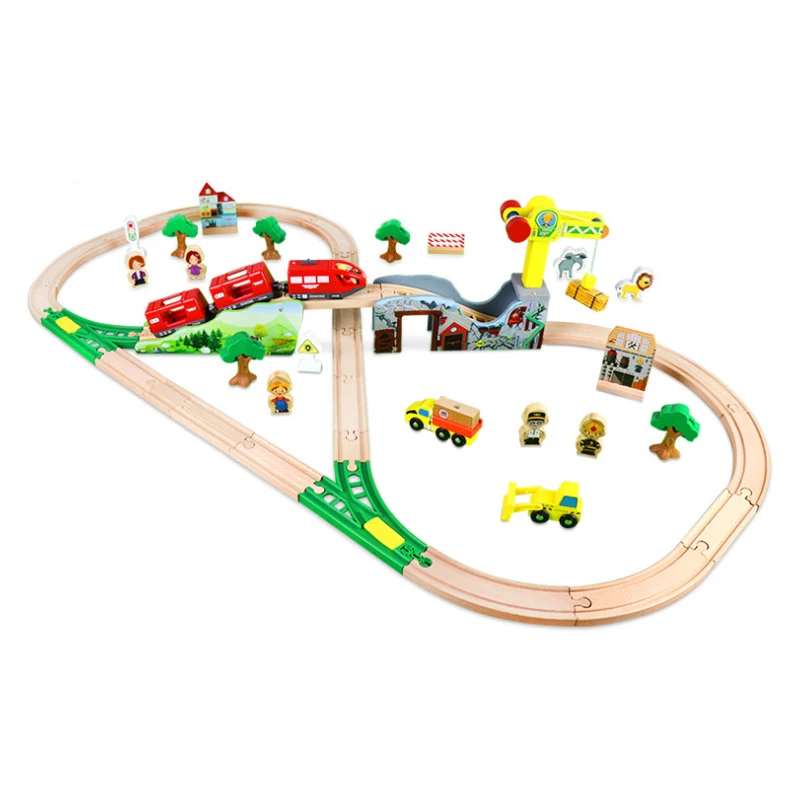 Juego de tren de madera, grúa de mina, rotonda, tren magnético eléctrico, Compatible con riel de madera, regalo para niños G6