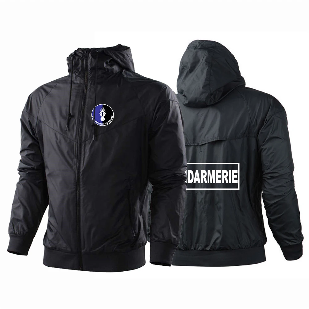 2025 Spring Autumn French Gendarmerie Logo Printed Patchwork Solid Color Casual Coat Men's Popular Thin Breathable Hooded Jacket