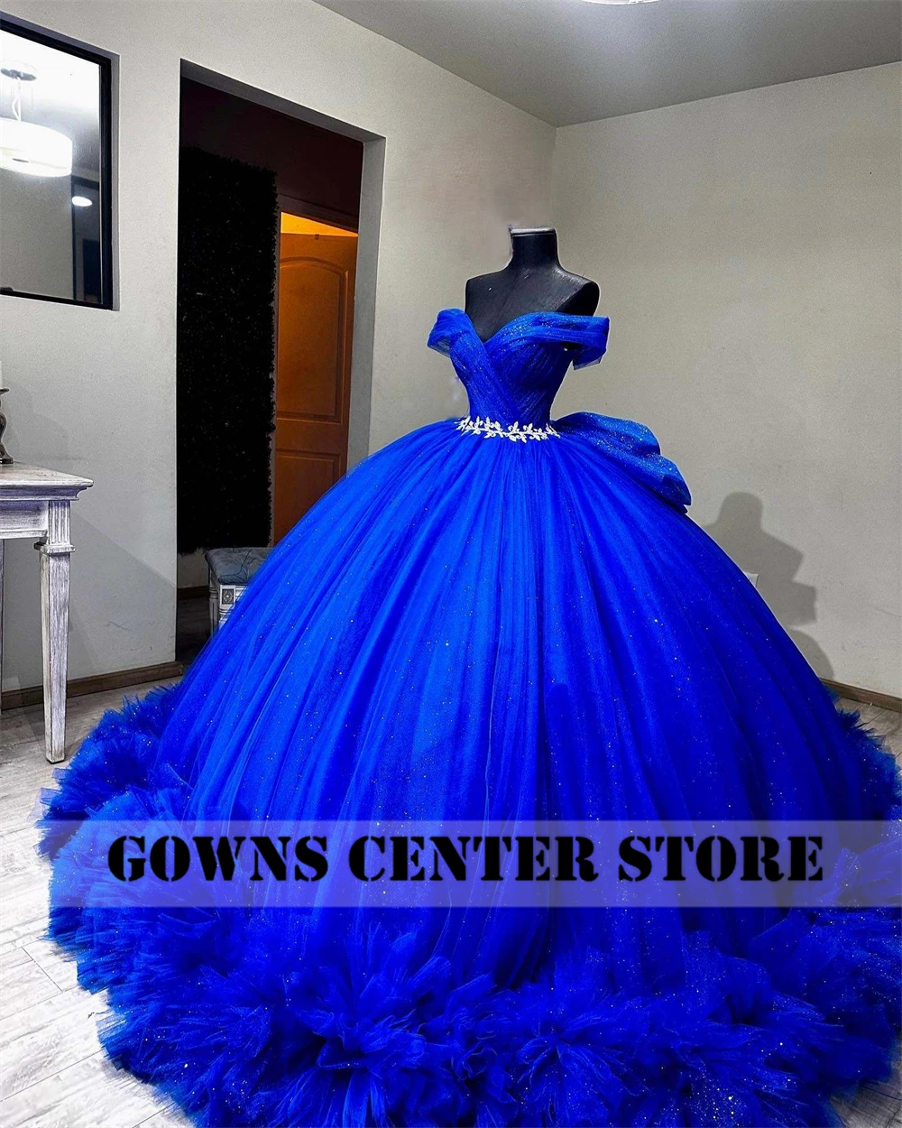 Off The Shoulder King Blue 15 Quinceanera Dresses Crystal Waist Tulle Ruched Train Bow Ball Gown lace-up Graduation Party Dress