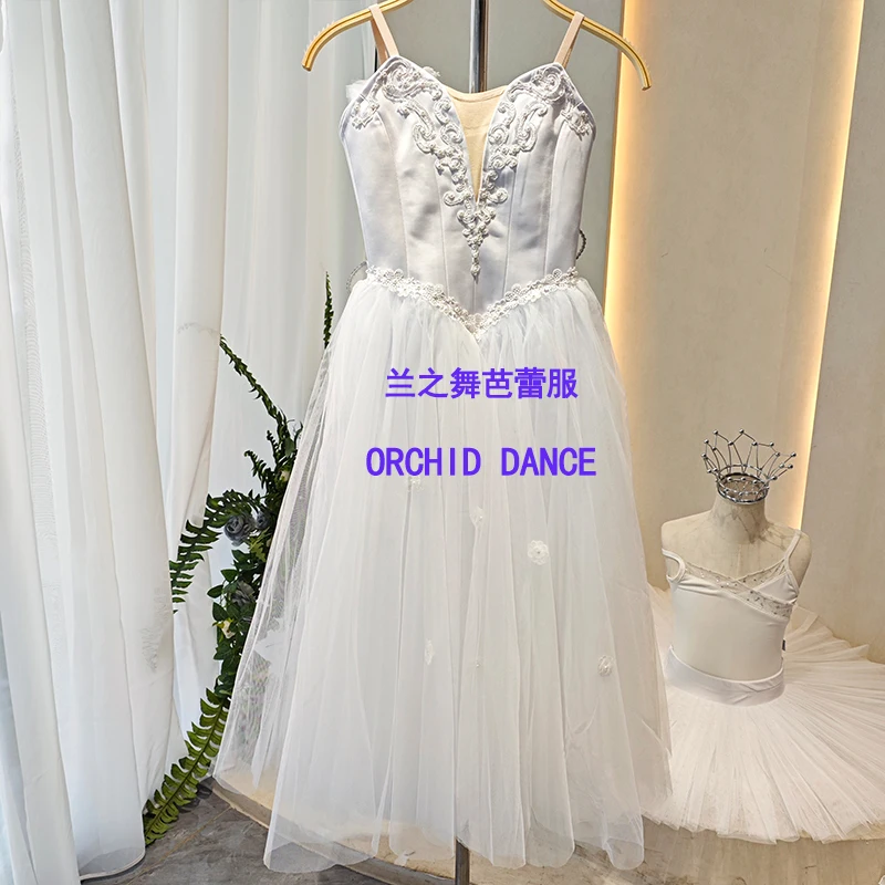 Women pure white satin V-neck spaghetti strap long ballet dress silver thread vine embroidery 3D small white flower tulle long s