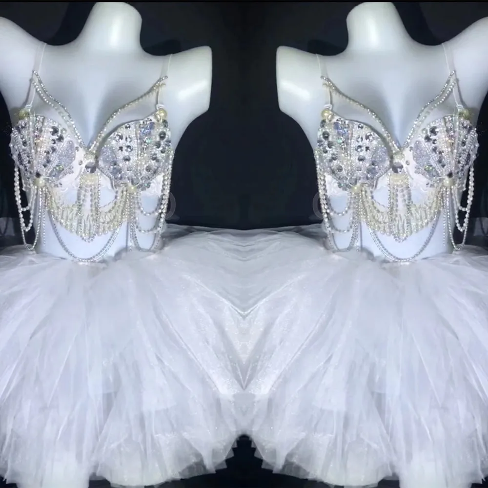 

Shell Pearl Chains Bra Gauze Tutu Mini Skirt Party Show Outfits Bar Nightclub DJ Dancer Team Sexy Performance Costume