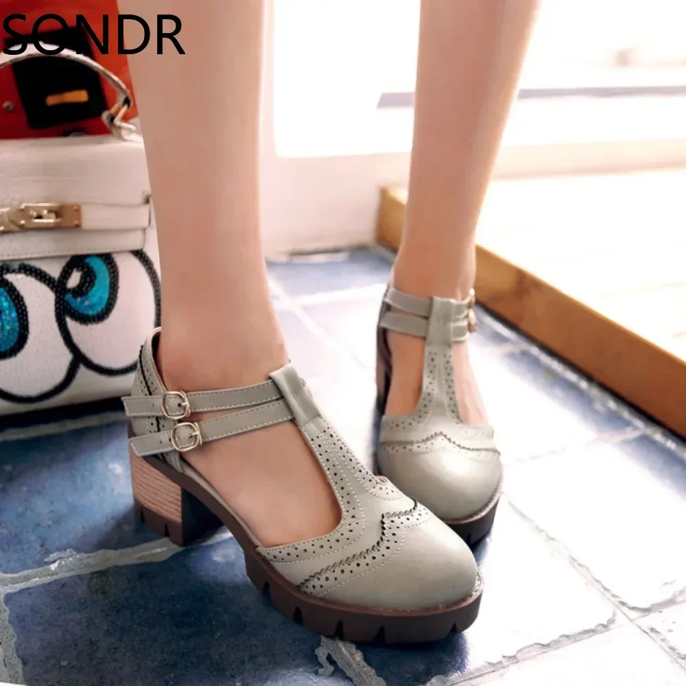 US4-11 Womens Carved T-straps Oxfords Block High Heel Brogue Block High Heel Shoes Retro Plus Size 4Colors New 2024
