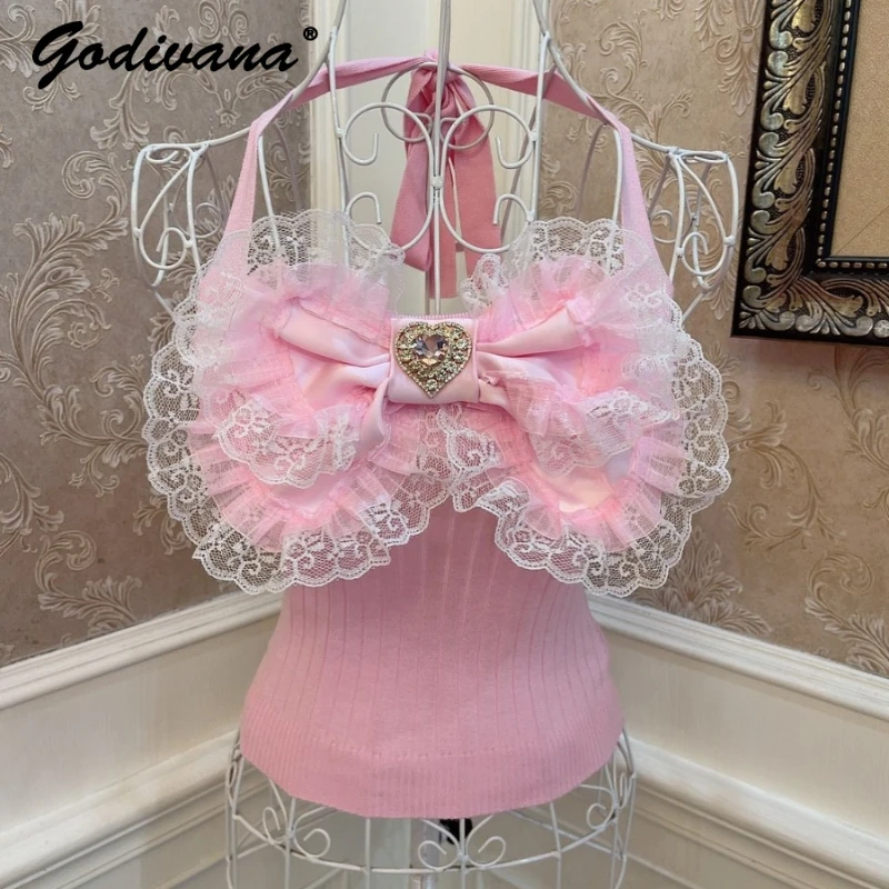 Lolita Princess Big Bow Love strass Lace Stringy cimosa Slim Fit Halter Top Summer Sweet Girl canotta da donna Sling