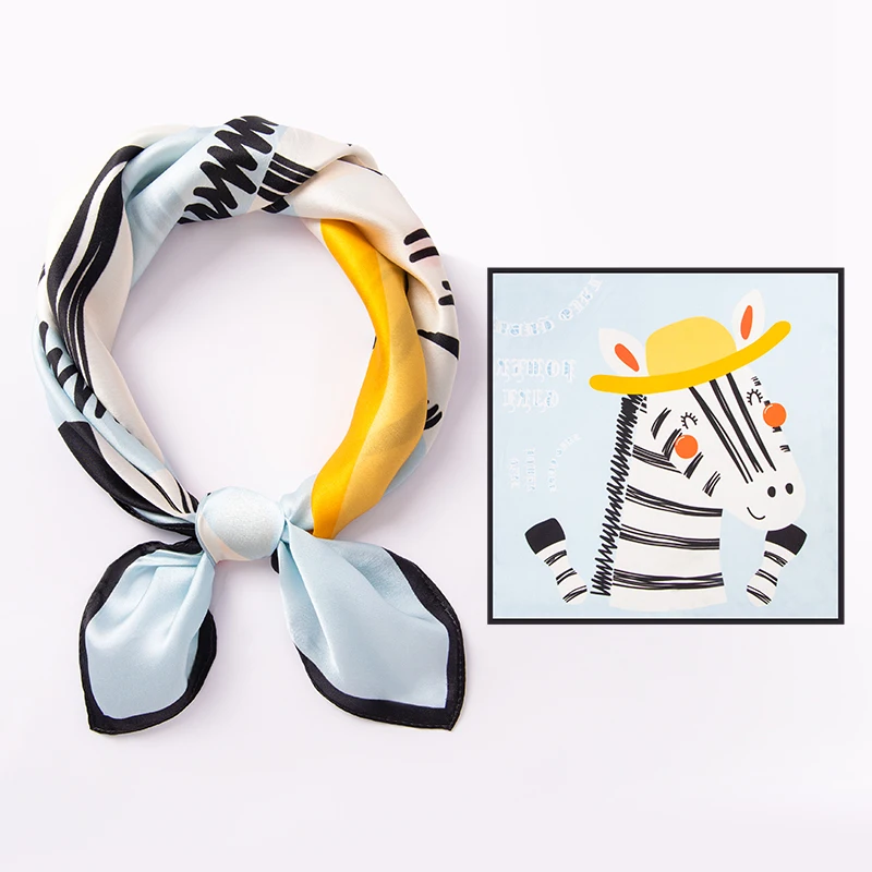 

100% Pure Silk Square Scarf Cute Cartoon Zebra Print Hair Scarves Lightweight Satin Bandana for Women 2026 New Neckerchief