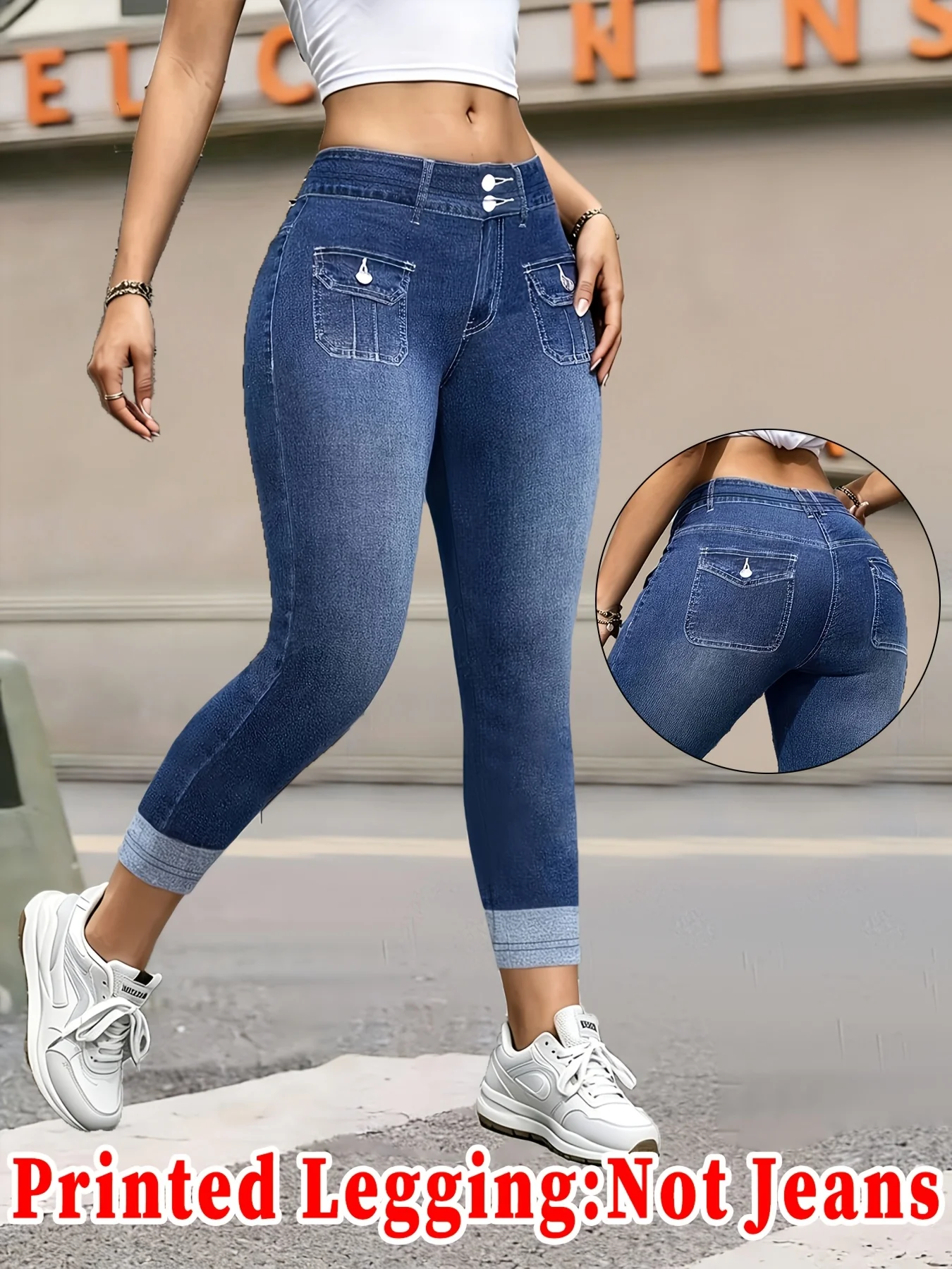 Damen High-Waist Faux-Denim Lange Leggings mit Doppelknopftasche, Schlanke Yoga-Hose, Keine Echte Jeans – Detail 2
