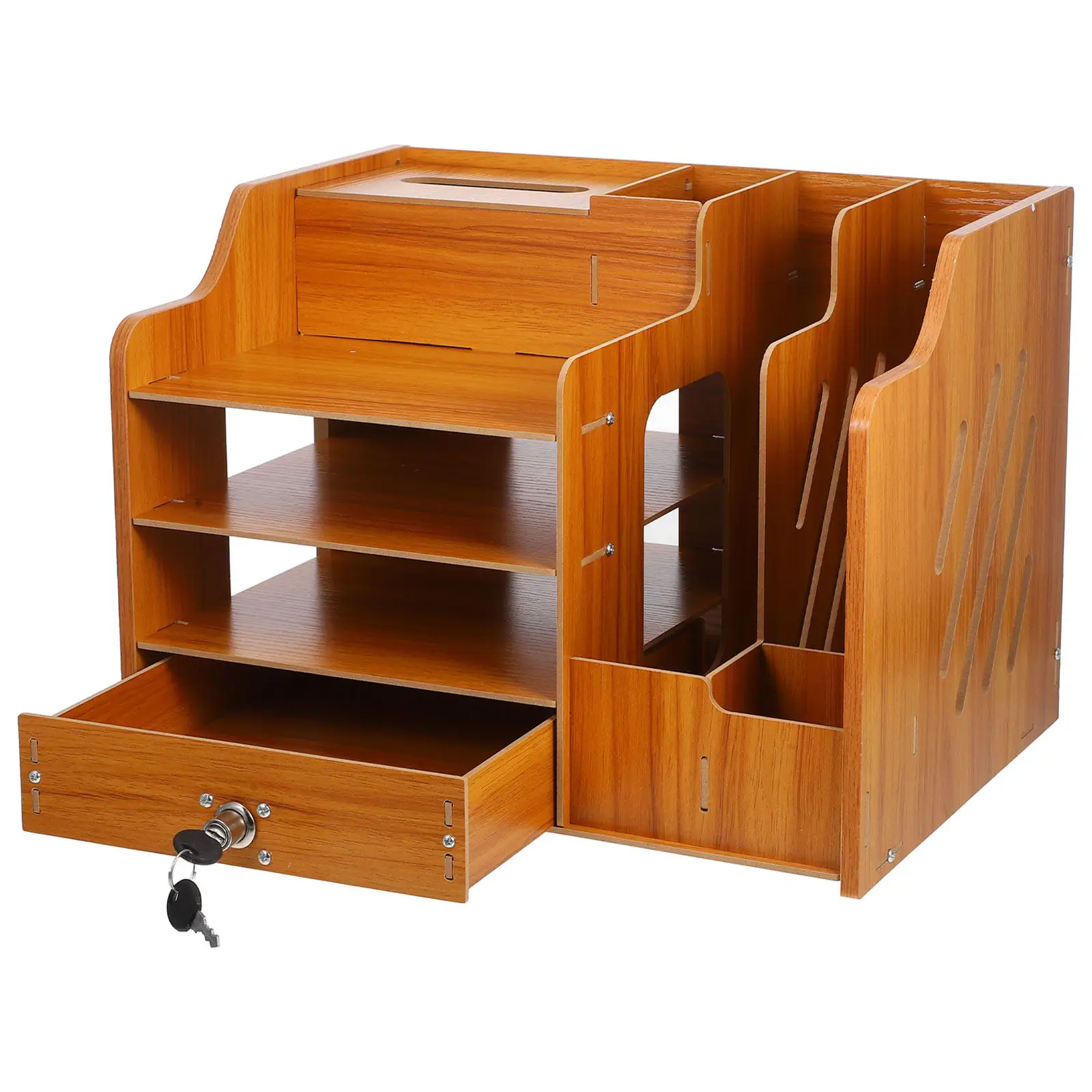 Wooden Desk Organizer 2 Drawers Multifunctional Desktop Bookshelf Office Home Storage Pens Notepads Stationery Cherry