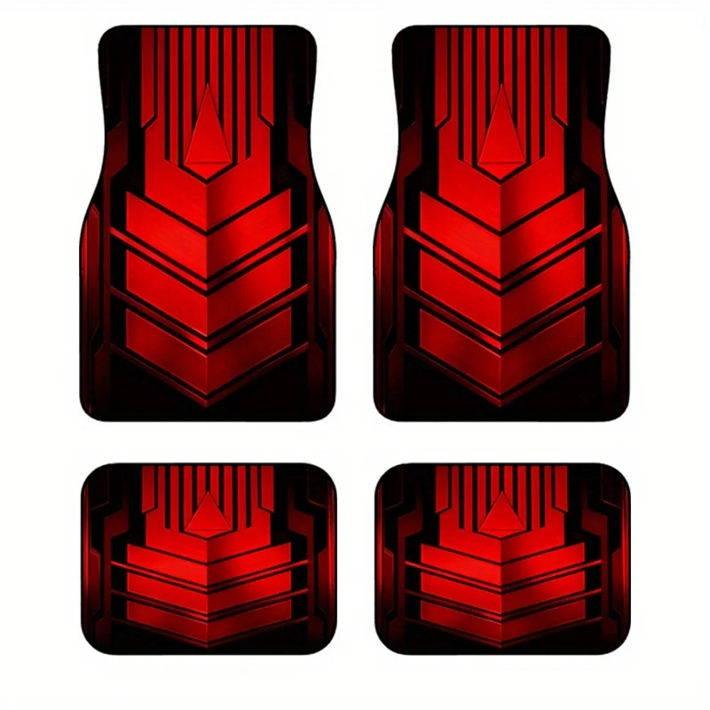 4pcs Black And Red Mecha Style Geometric Car Mats, Trendy Wear-Resistant Non-Slip Universal Car Floor Mats, Four-Piece Set For C