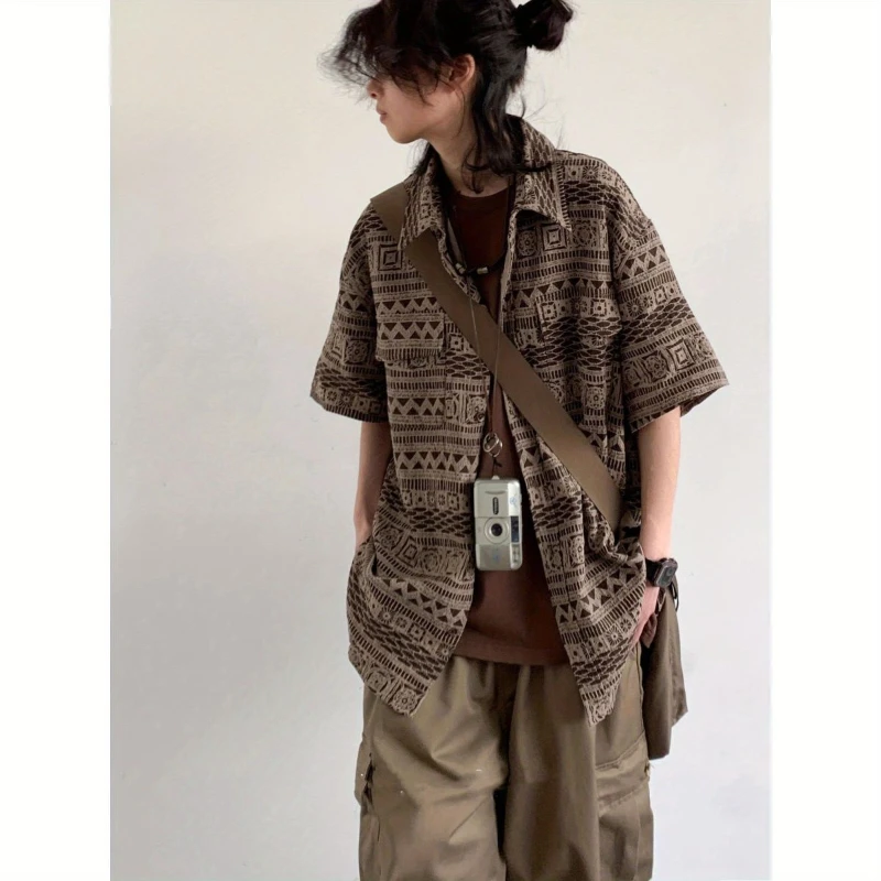 Summer Japanese Casual Set Mens Stripe Printing Loose Shirt+big Pocket Wide Leg Overalls Suit Street Harajuku Two-piece Set New