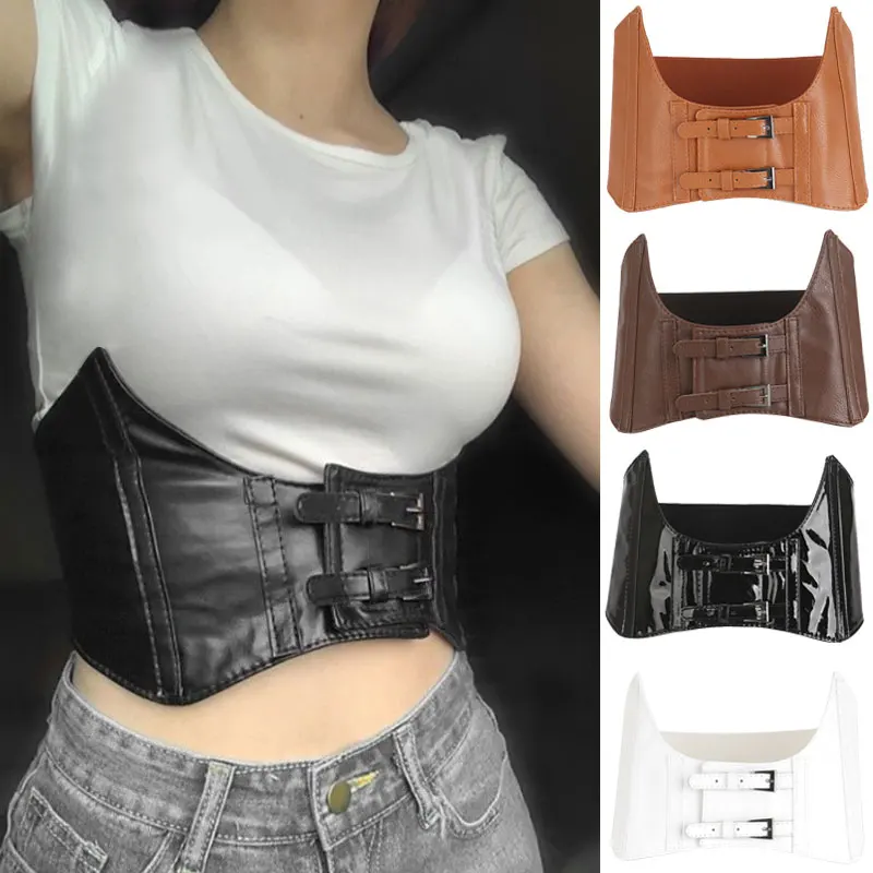 

Medieval Women Wide Belt Corset Girdle Gothic Punk PU Leather Fashion Metal Buckle Elastic Decoration Waistband For Dress