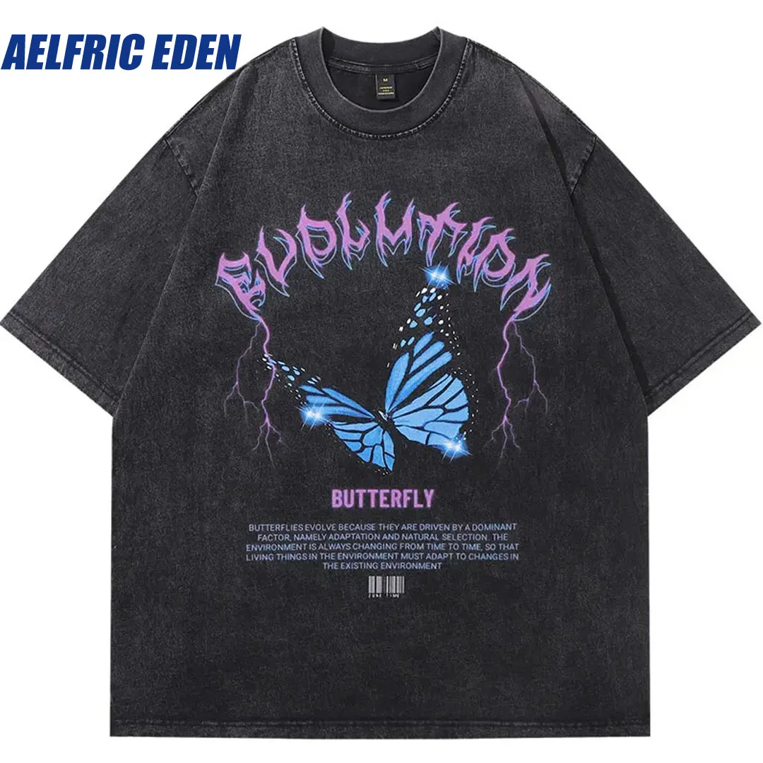 Aelfric Eden Vintage T-Shirt Hip Hop Butterfly Lightning Graphic Print Oversize Washed Shirts Men Harajuku Punk Gothic Loose Top