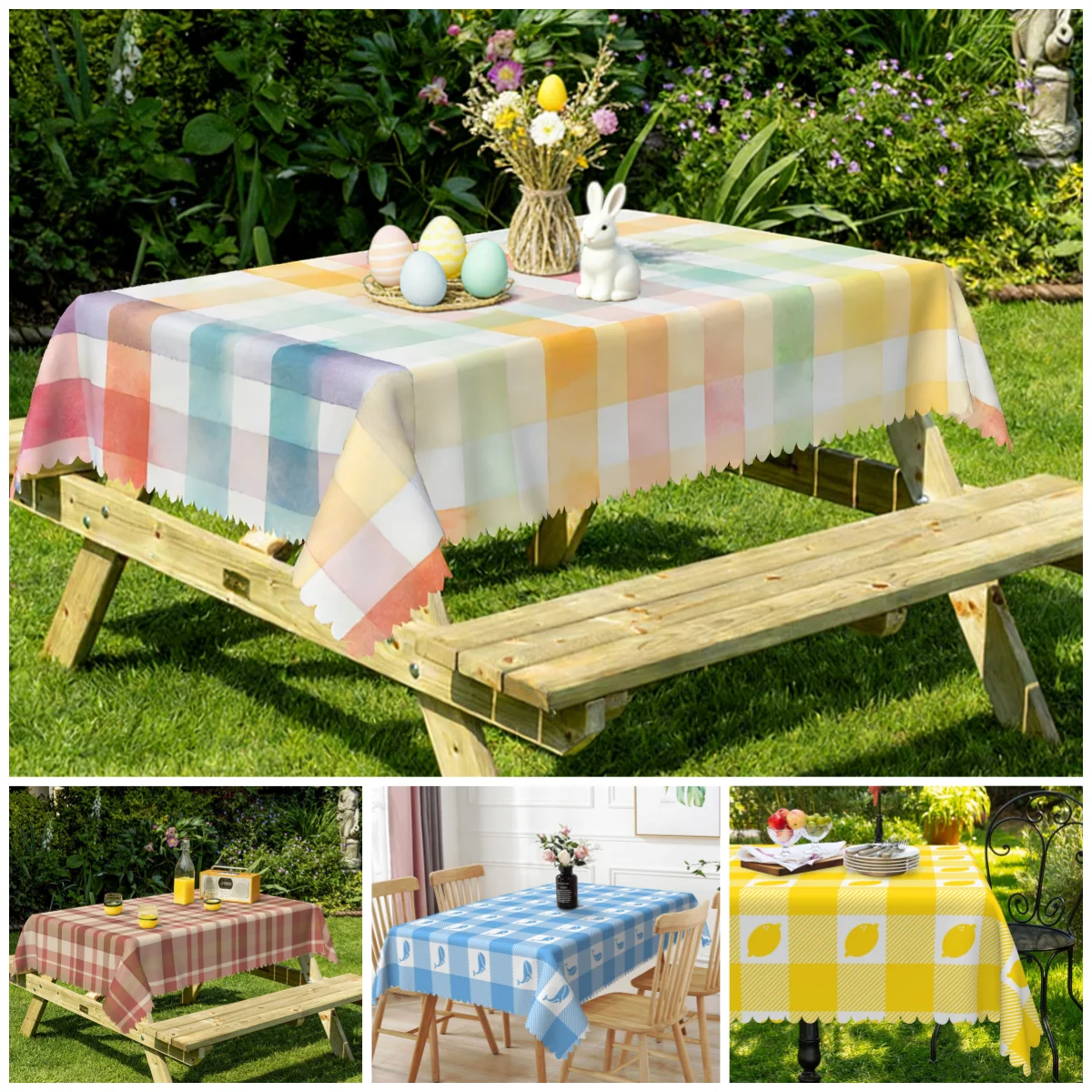 

Colorful Checkered Tablecloth Waterproof Polyester Outdoor Picnic Garden Table Cover for Spring Easter Party Home Dining Decor