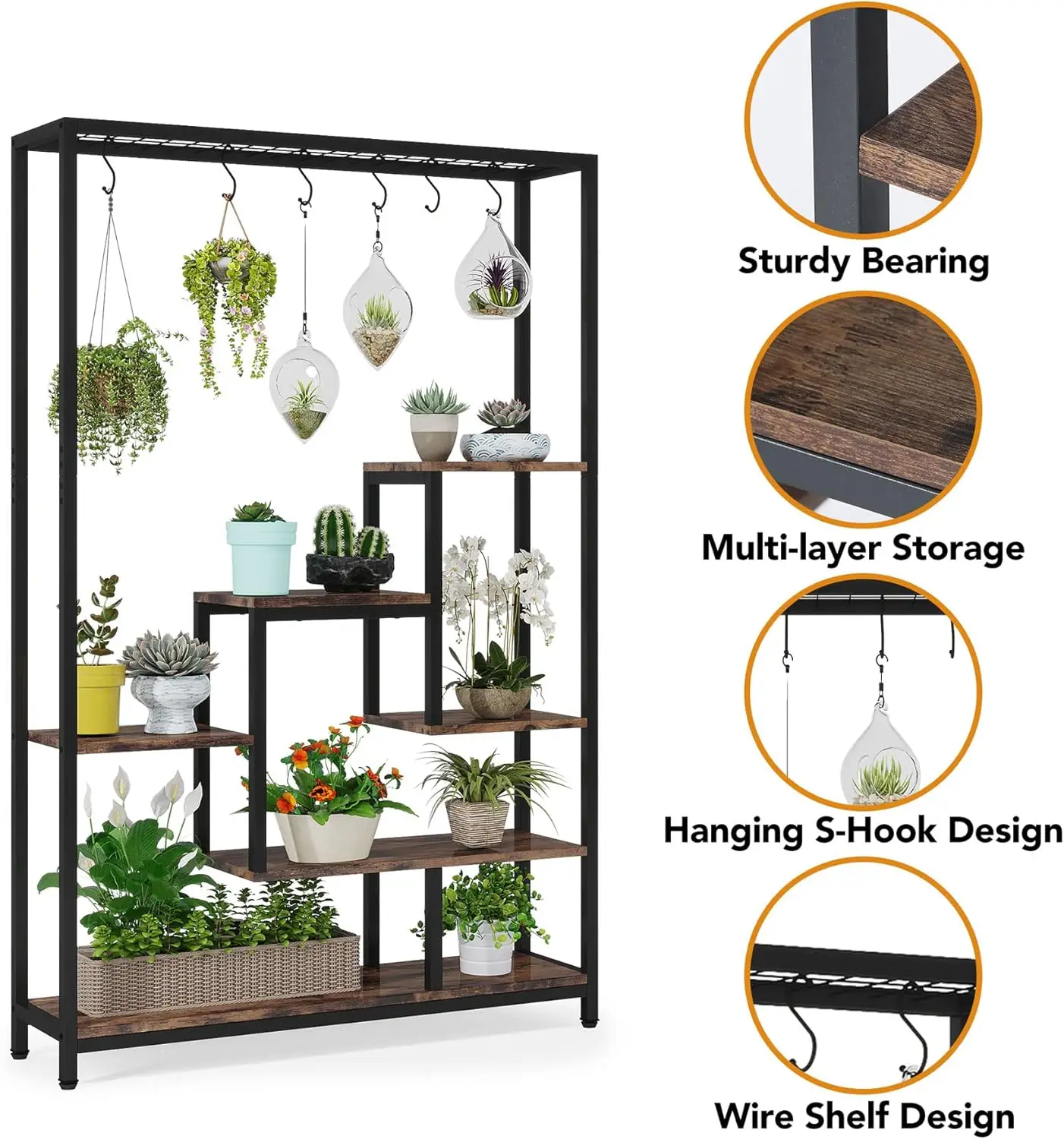 Soporte para plantas de interior de 5 niveles de altura, estante grande para plantas de metal de 70,9 pulgadas con ganchos para colgar de 6 piezas, macetas multiusos para bonsái de flores D