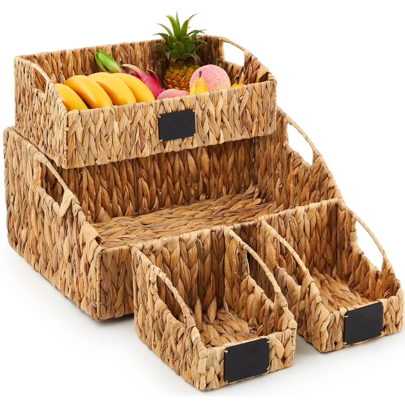 

4 Pcs Water Hyacinth Woven Storage Basket Set With Chalkboard Labels For Kitchen Pantry Bathroom Home Decor