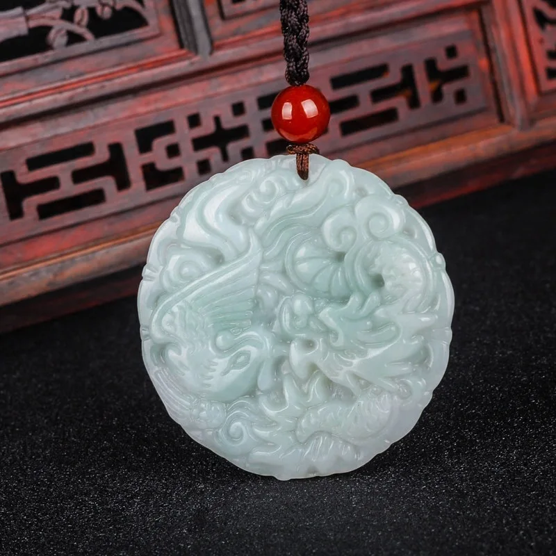 

Fine Jewelry Natural Jade A+ Jadeite Dragon Phoenix Pair Pendant Ice Sticky Seed Pendant