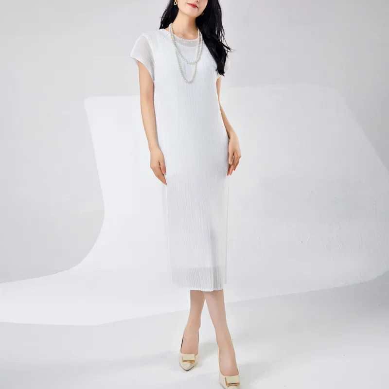 

Miyake 2025 Summer New Wave Fashion Casual Double Layer Design Loose Women's Dresses Round Neck Short Sleeve Solid Dress