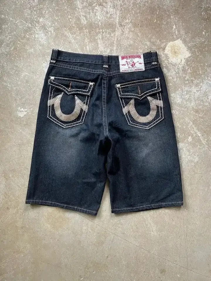 Jeans largos bordados para homens, hip hop, vintage, verdadeira religião, jayde y2k, streetwear, jeans, calças curtas, harajuku, calções de basquete