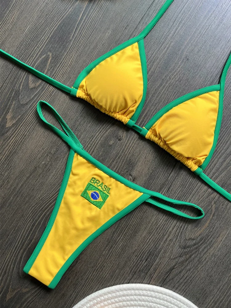 Summer Y2K Egirl Brazil Flag Printed Bikini 2-piece Set with Contrasting Strap, Triangular thong, Women's Pool Resort Beach Wear