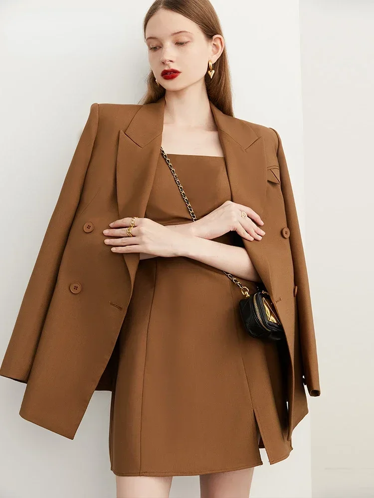 LEOSOXS Casual Suit Jacket Women's Elegant Caramel Suit High-Grade Brown Coat Sling Dress Blazers for Women 2024 Designer Luxury