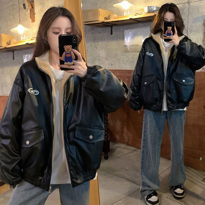 Reversible Brown Women Pu Jacket Sherpa Lined Coat Zip Up Fleece Oversized Retro Moto Streetwear Y2K Winter Outerwear Top