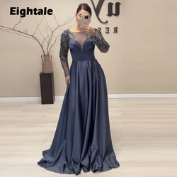 Eightale Dubai Evening Dresses for Wedding Satin Beaded Long Sleeves Prom Gowns Arabic Customized Party Dress robes de soirée