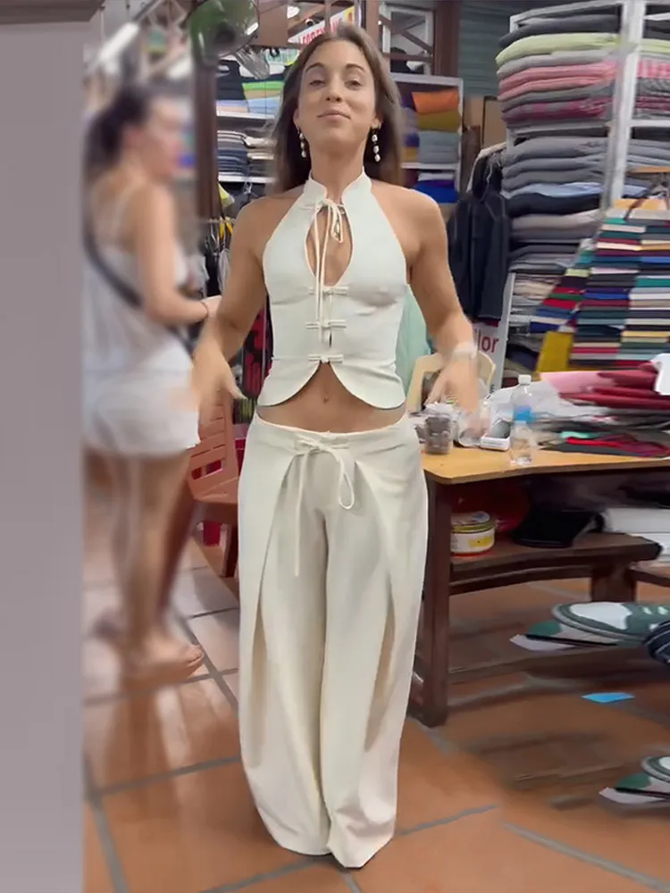 Damen-Hosenanzug, 2-teilig, ärmellos, mit Aussparungen, Schleifenknöpfen, rückenfreies, kurzes Oberteil, Schnürung, plissierte Hose, glamouröses Damen-Outfit – Detail 9